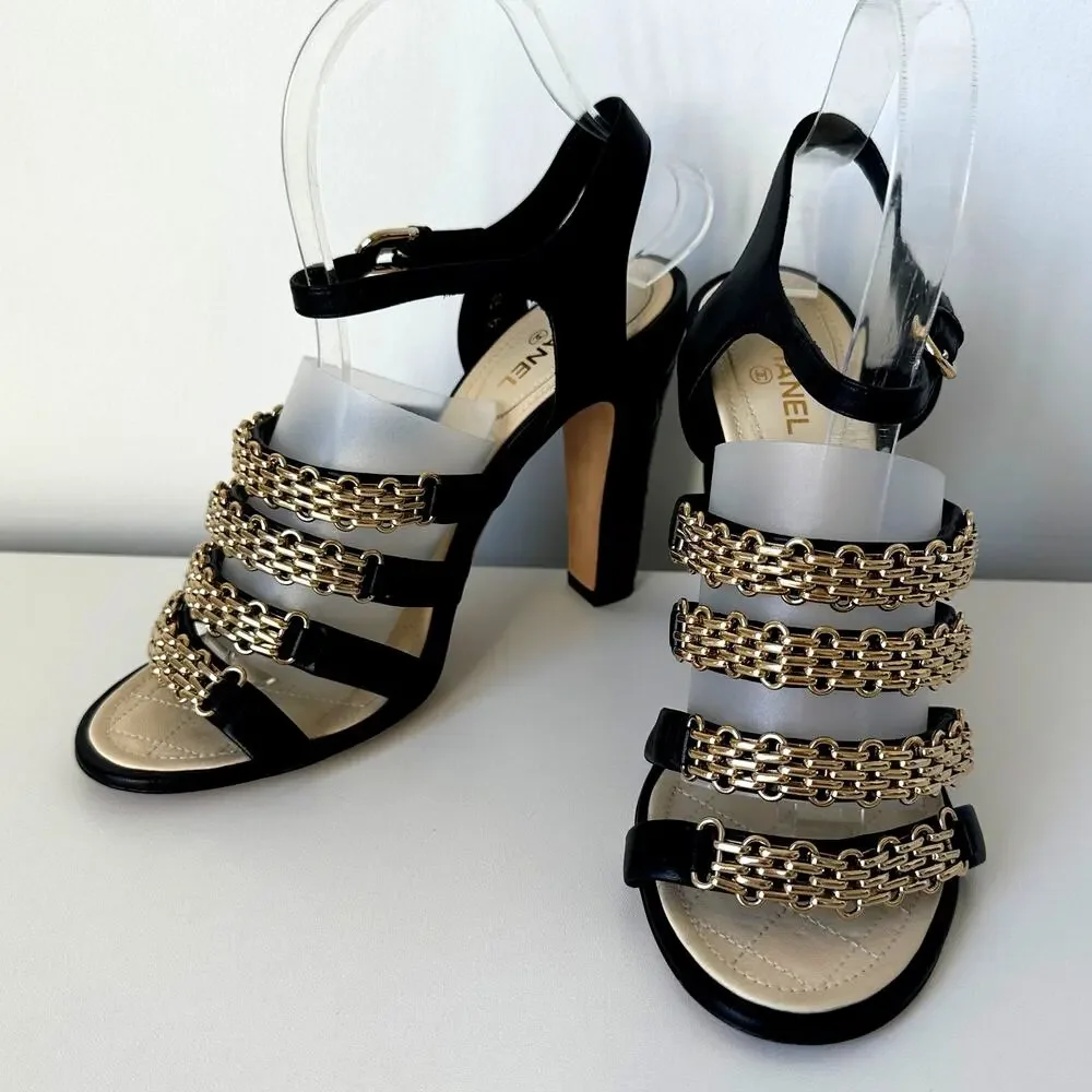 CHANEL CC Logo Black Lambskin Quilted Heels Gold Chain Strap Sandals IT 39